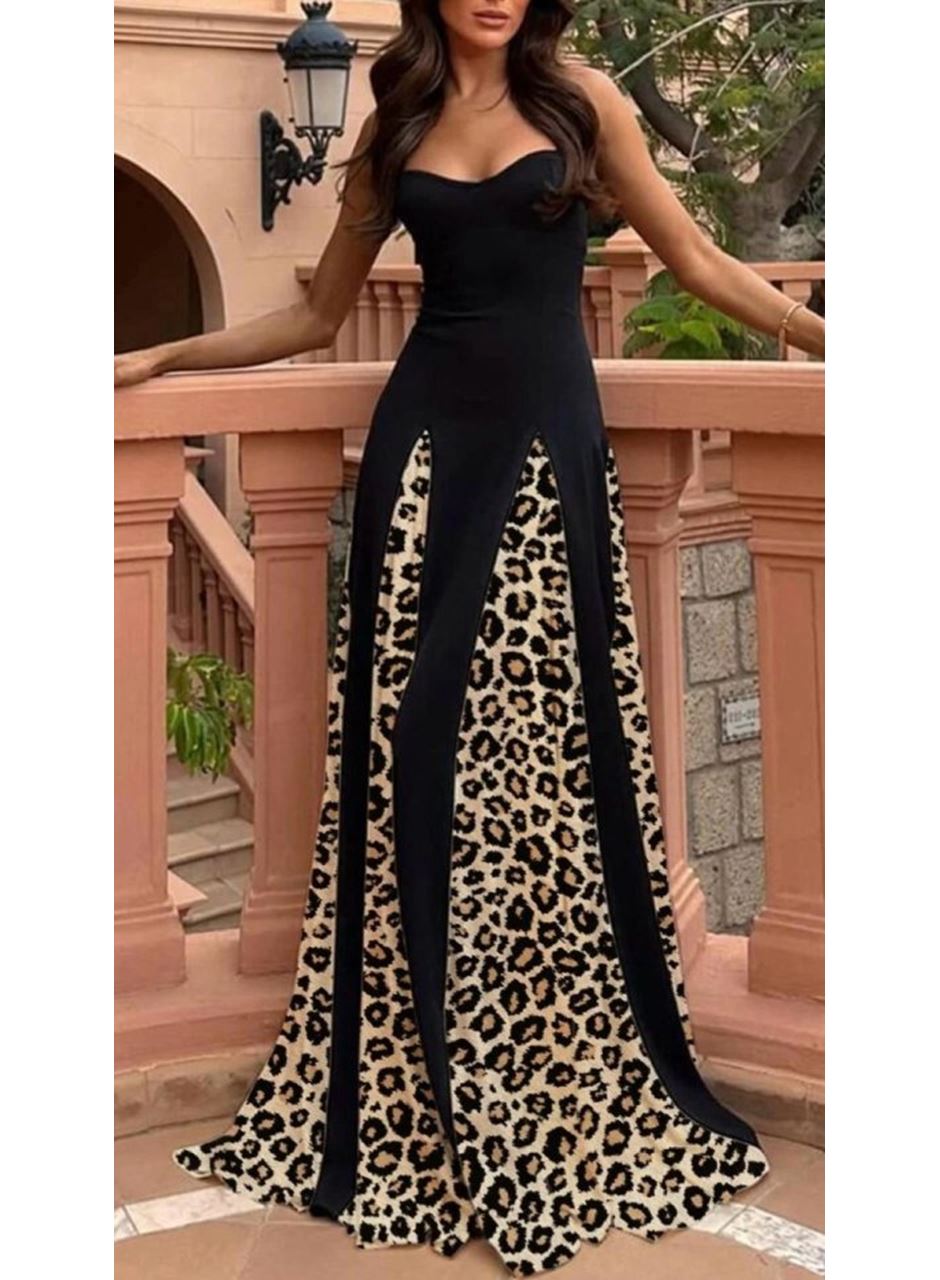 Kadın Dalgıç Kumaş Leopar Desenli Kloş Elbise