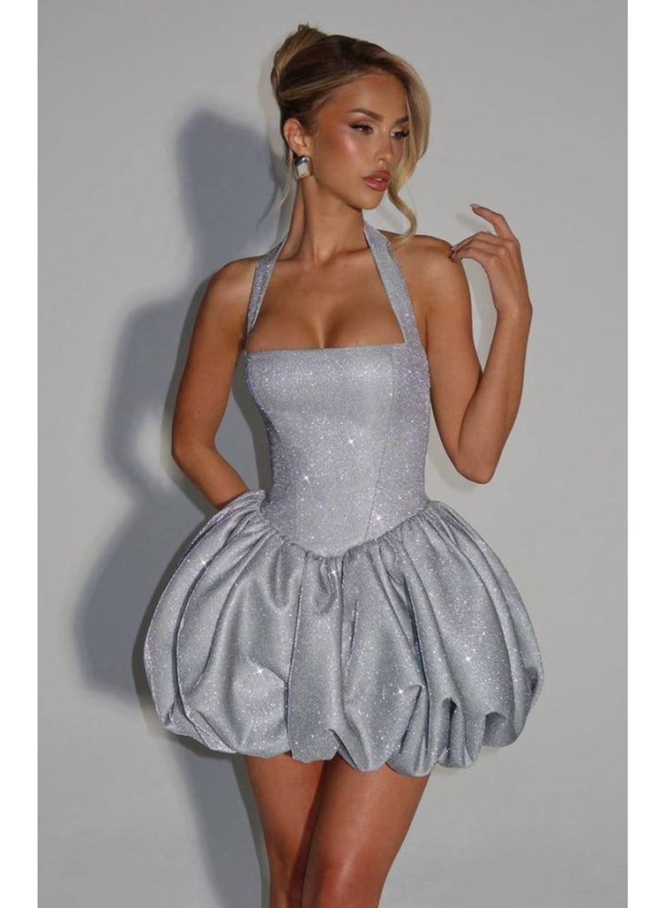 Kadın Halter Yaka Simli Kumaş Sırtı Bağcık Detay Prenses Elbise