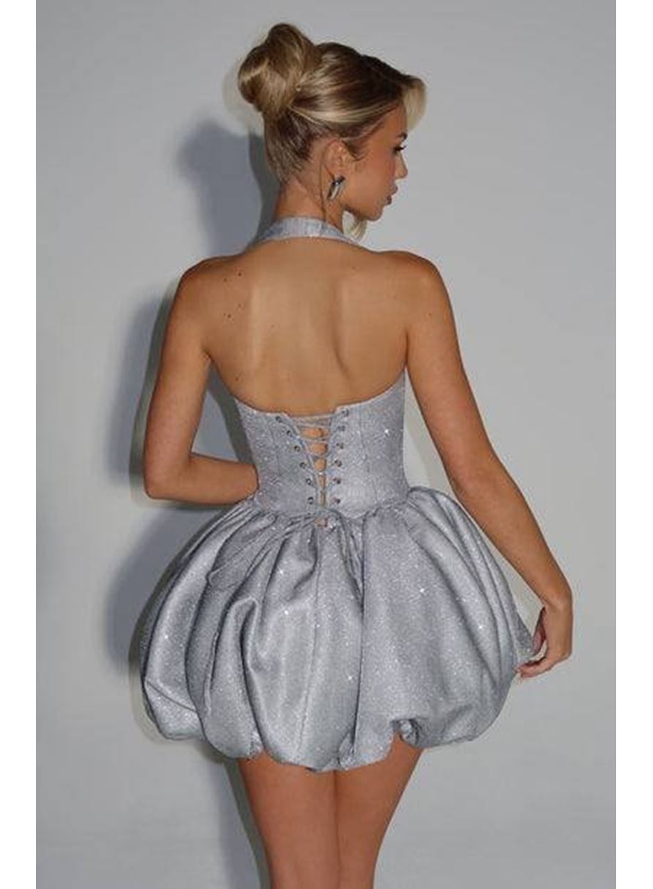 Kadın Halter Yaka Simli Kumaş Sırtı Bağcık Detay Prenses Elbise