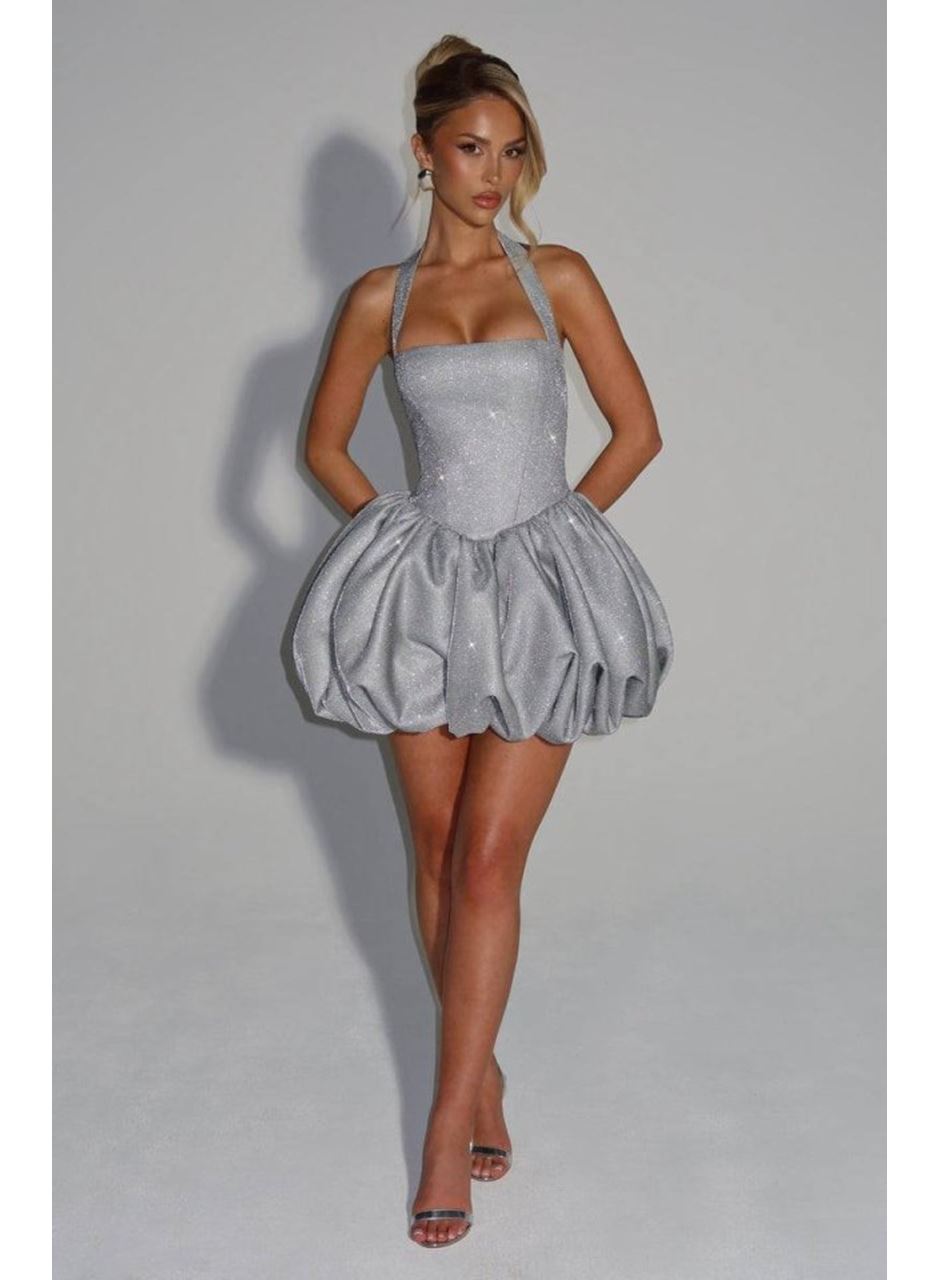 Kadın Halter Yaka Simli Kumaş Sırtı Bağcık Detay Prenses Elbise