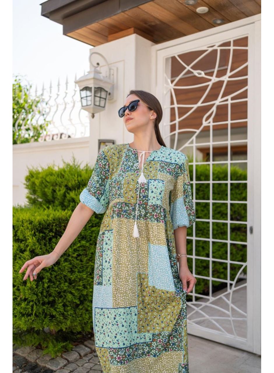 Yeşil Salaş Desenli Elbise