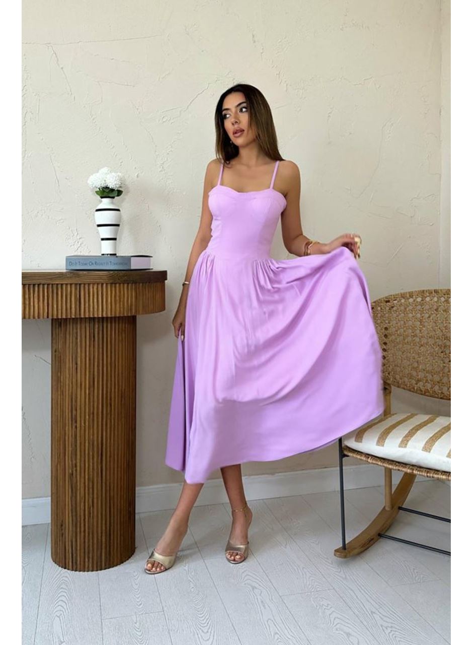 Lila Göğüs Kuplu Uzun Büzgülü Elbise
