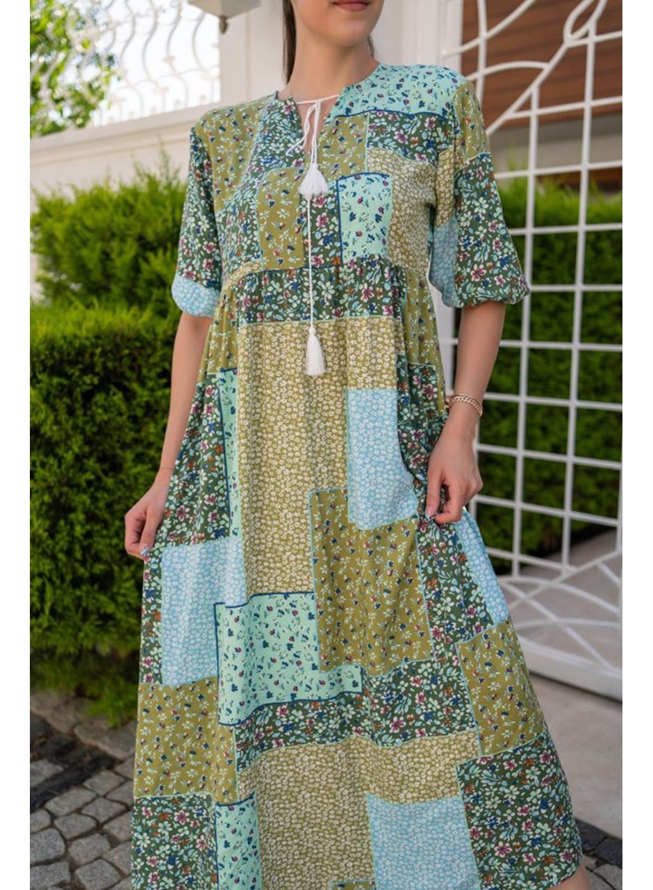 Yeşil Salaş Desenli Elbise