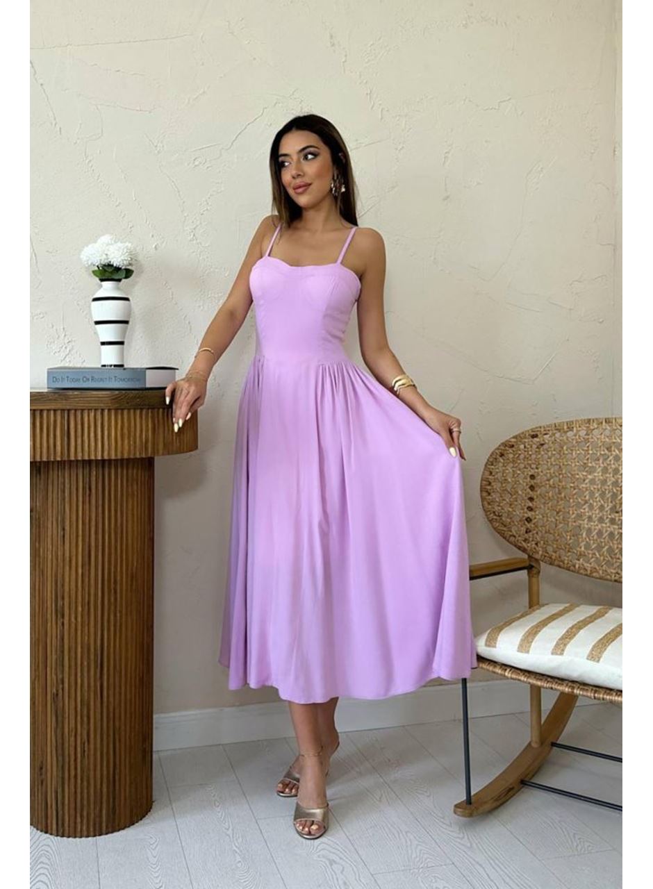Lila Göğüs Kuplu Uzun Büzgülü Elbise
