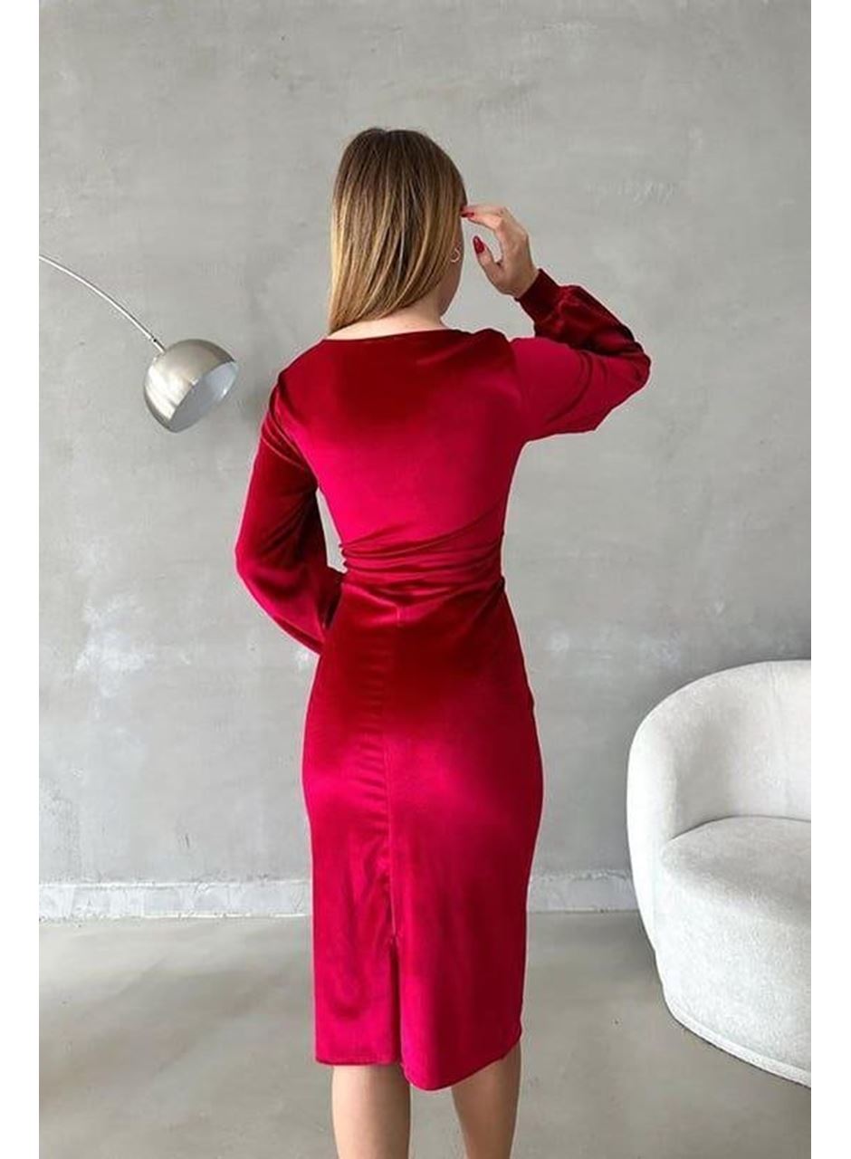 Kadın Kadife Kumaş Kruvaze Yaka Balon Kol Ve Yırtmaç Detaylı Midi Boy Elbise