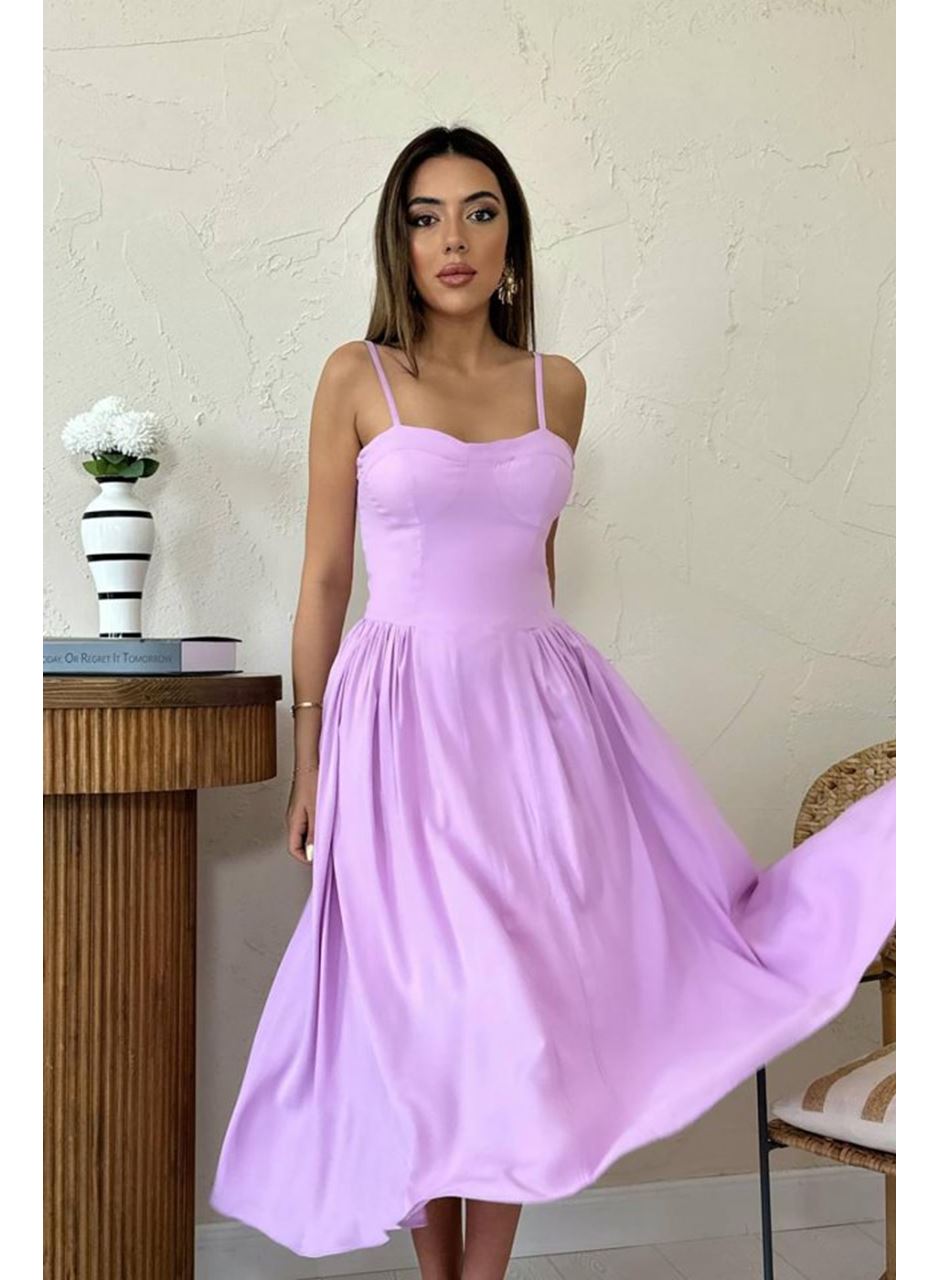 Lila Göğüs Kuplu Uzun Büzgülü Elbise