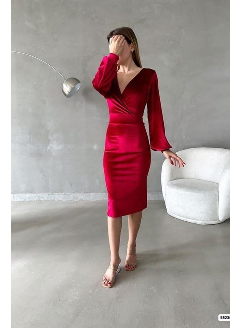 Kadın Kadife Kumaş Kruvaze Yaka Balon Kol Ve Yırtmaç Detaylı Midi Boy Elbise