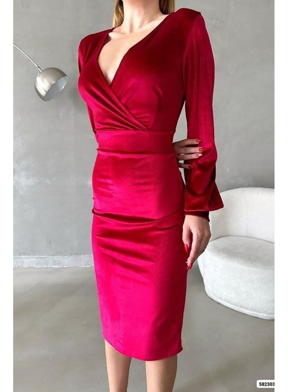 Kadın Kadife Kumaş Kruvaze Yaka Balon Kol Ve Yırtmaç Detaylı Midi Boy Elbise