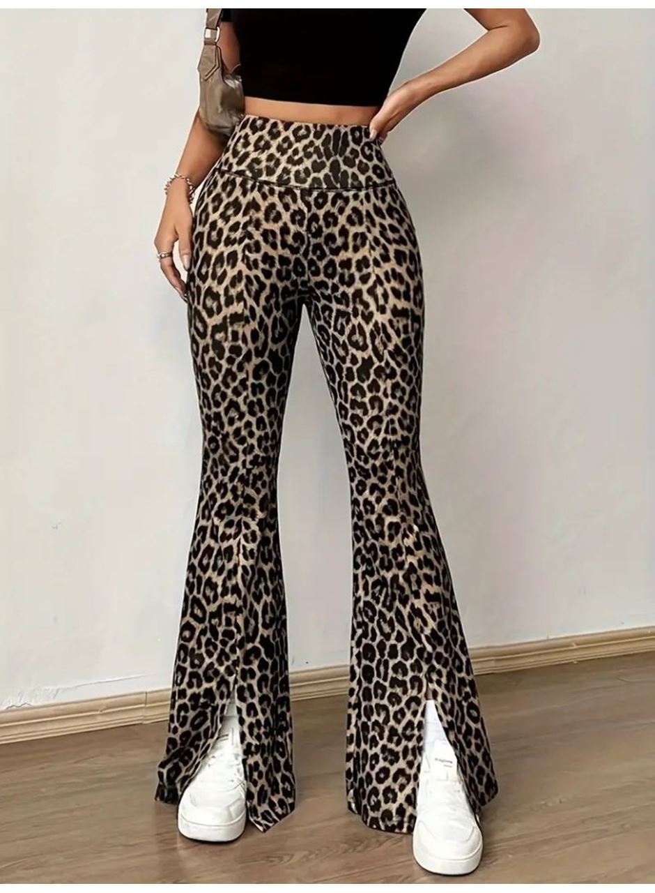 Kadın Yüksek Bel Leopar Desenli Yırtmaçlı Dalgıç Tayt