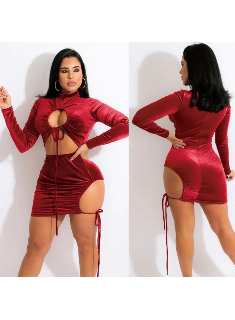 Kadın Uzun Kollu Full Dekolte Detay Kadife Kumaş Elbise