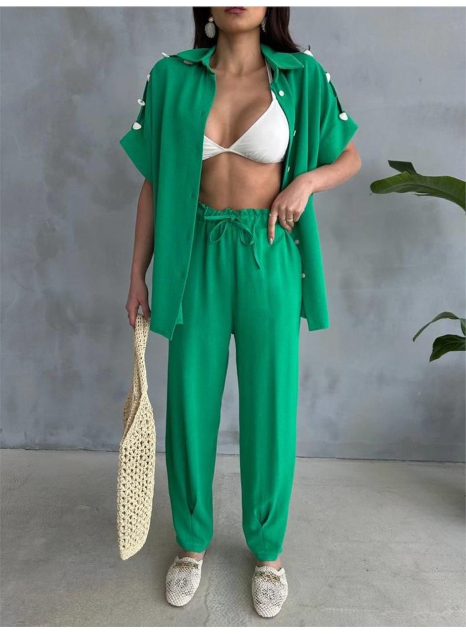 OMUZ MİDYE SIRALI BLUZ - PAÇA PENSLİ PANTOLON TAKIM - Yeşil