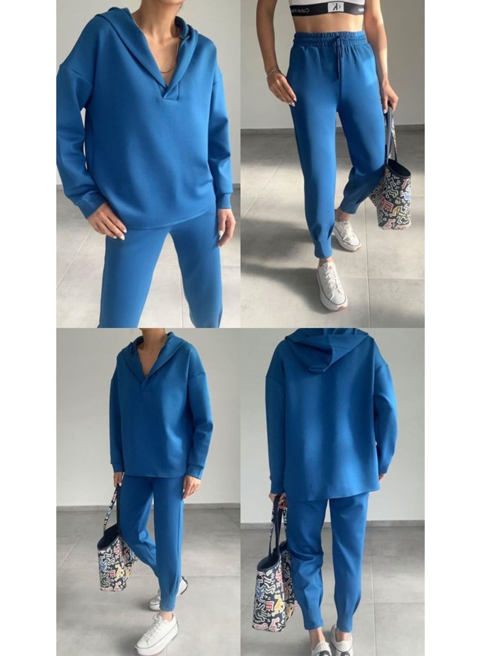 Kadın Uzun Kol V Yaka Kapüşon Detay Sweat Ve Yüksel Bel Eşofman Ikili Takım