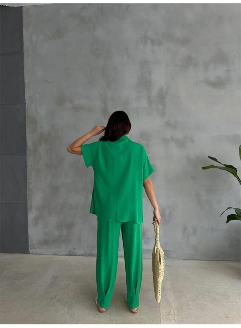 OMUZ MİDYE SIRALI BLUZ - PAÇA PENSLİ PANTOLON TAKIM - Yeşil