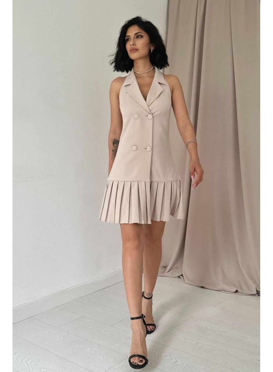Bej Sırtı Açık Ceket Yakalı Elbise