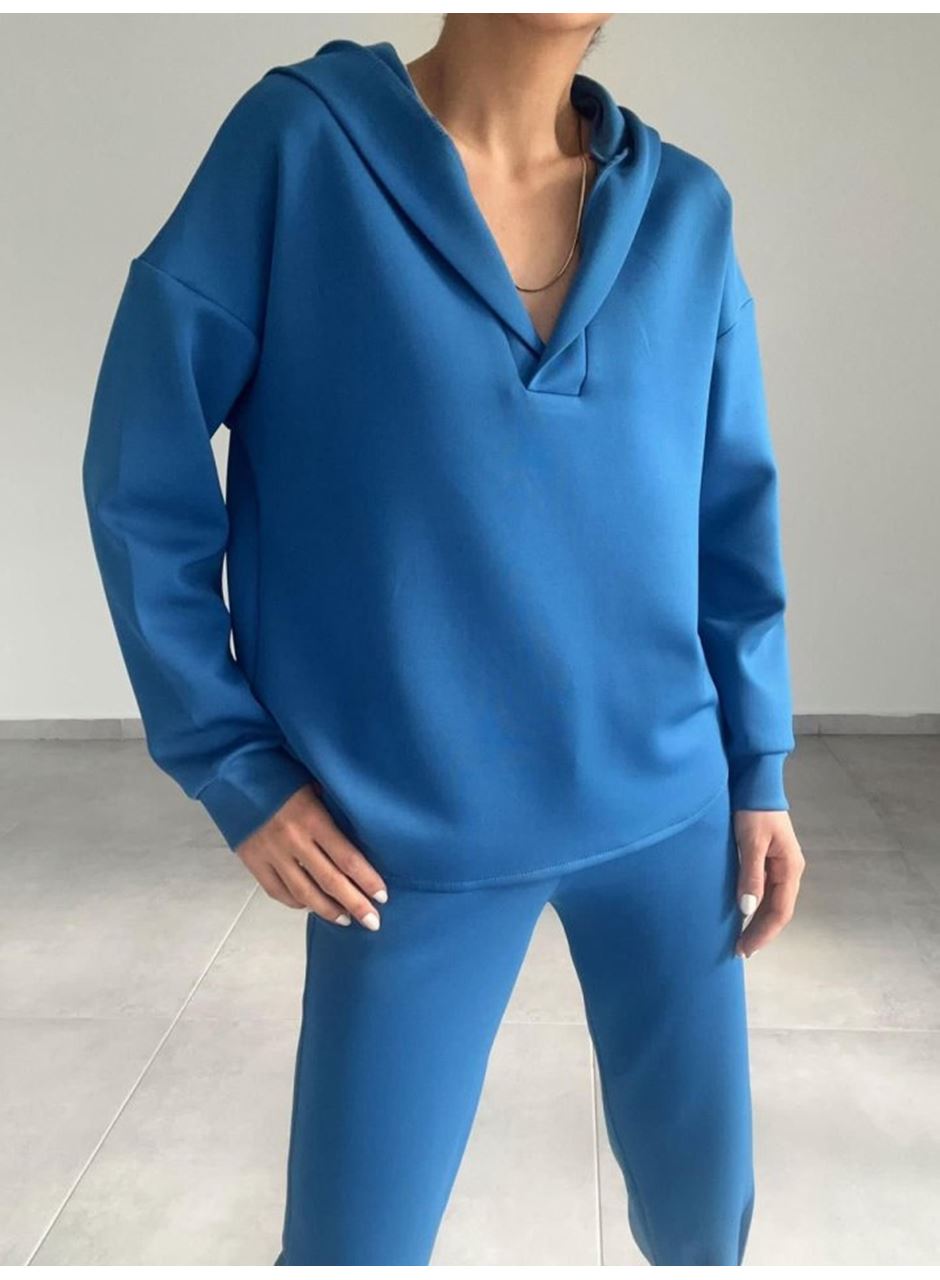 Kadın Uzun Kol V Yaka Kapüşon Detay Sweat Ve Yüksel Bel Eşofman Ikili Takım