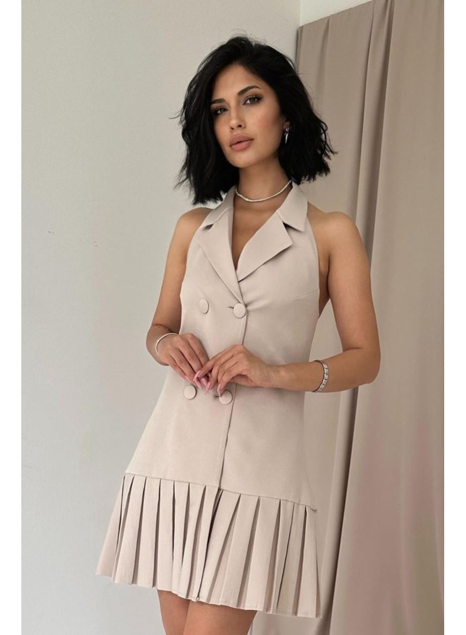 Bej Sırtı Açık Ceket Yakalı Elbise