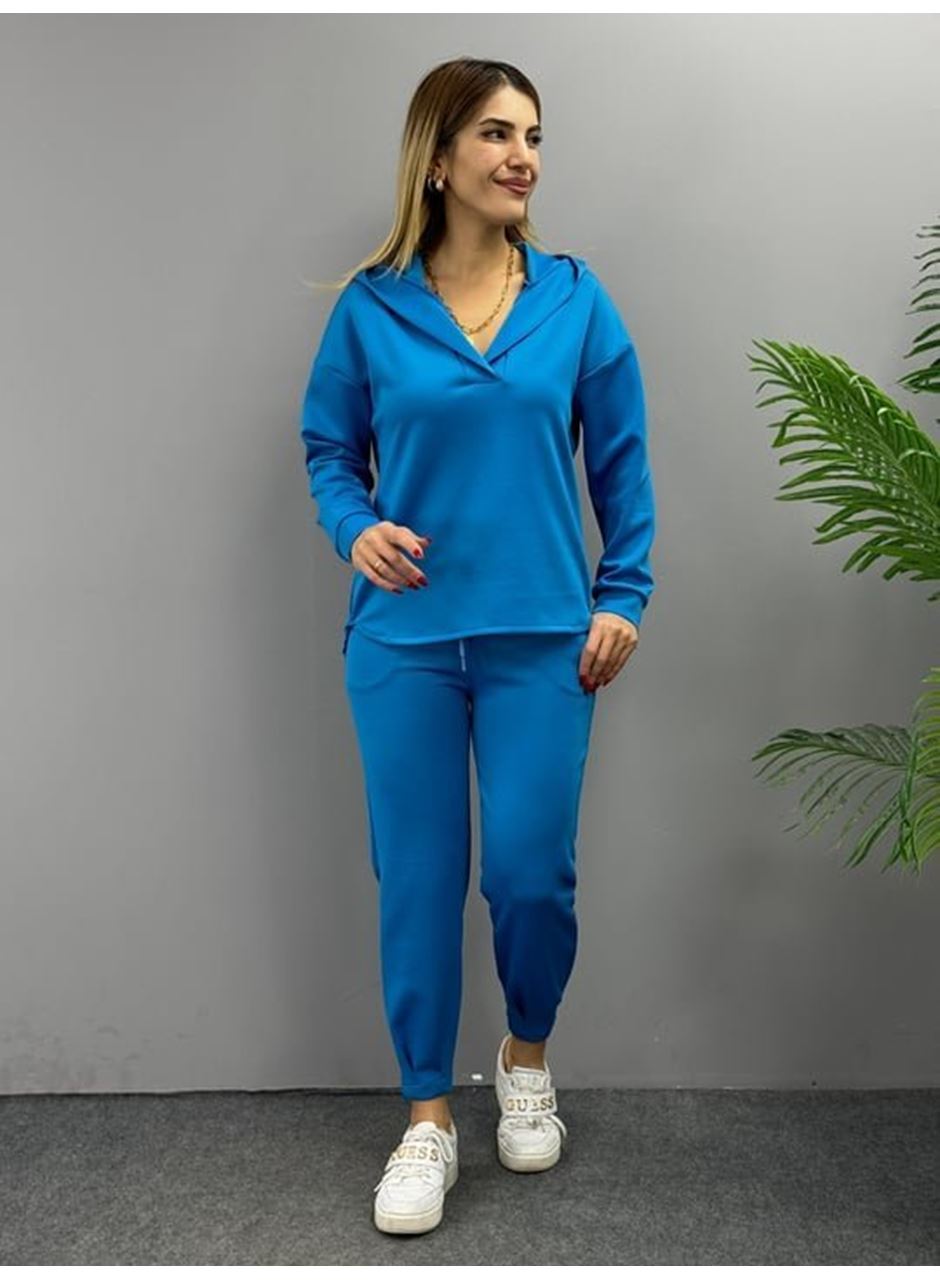 Kadın Uzun Kol V Yaka Kapüşon Detay Sweat Ve Yüksel Bel Eşofman Ikili Takım