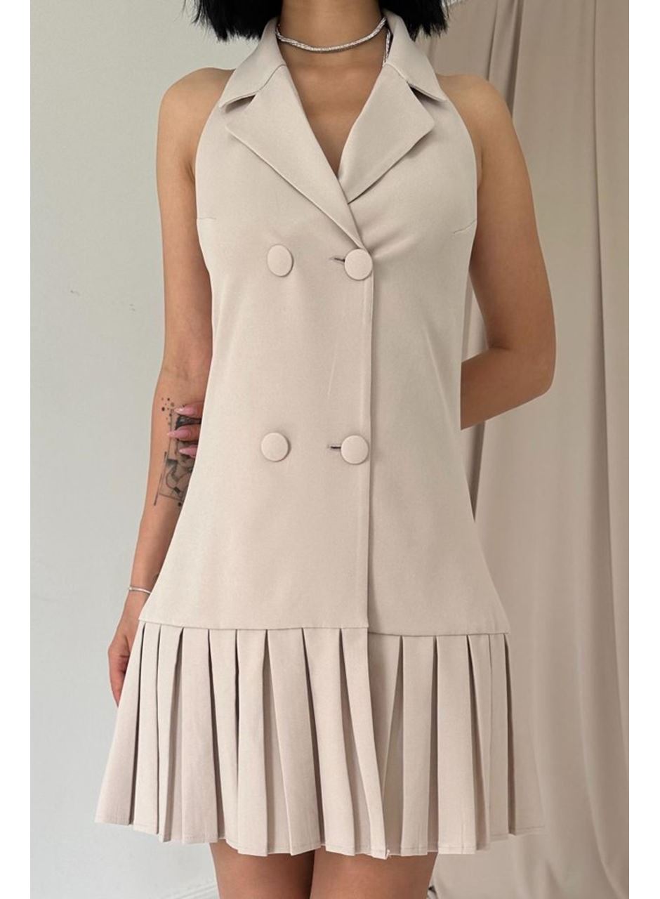 Bej Sırtı Açık Ceket Yakalı Elbise
