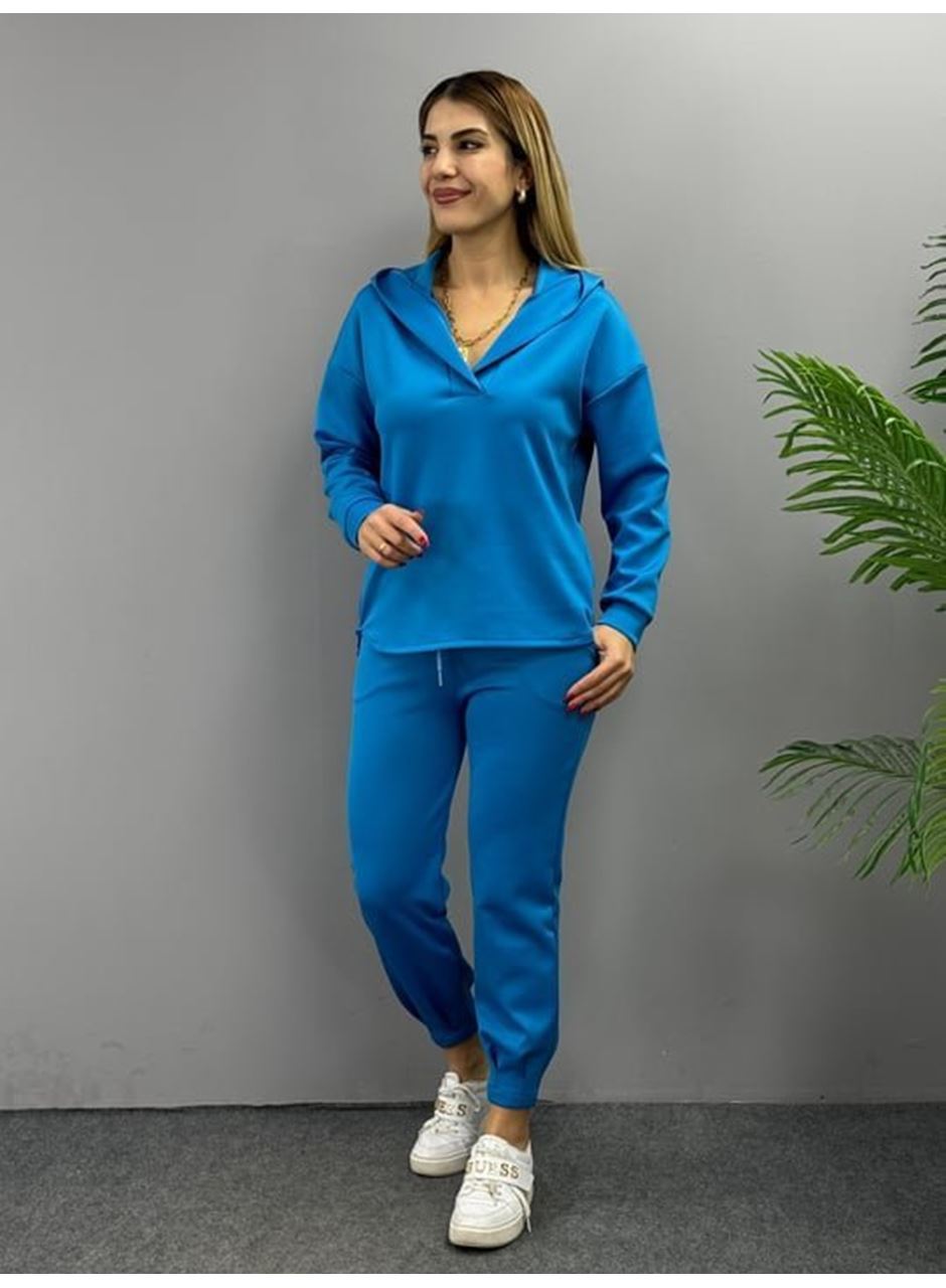 Kadın Uzun Kol V Yaka Kapüşon Detay Sweat Ve Yüksel Bel Eşofman Ikili Takım