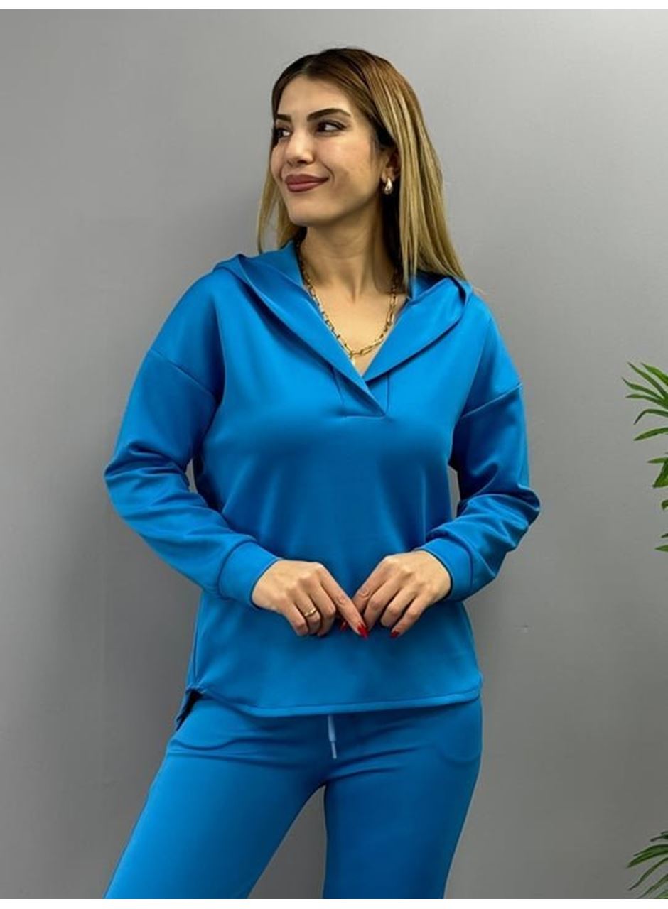Kadın Uzun Kol V Yaka Kapüşon Detay Sweat Ve Yüksel Bel Eşofman Ikili Takım