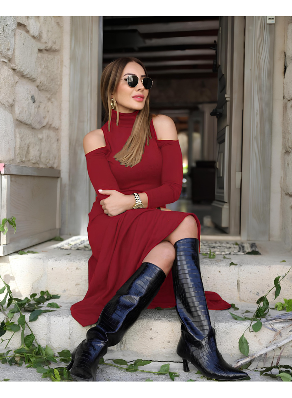 Kadın Balıkçı Yaka Omuzlardan Açık Uzun Kollu Janjan Krep Elbise