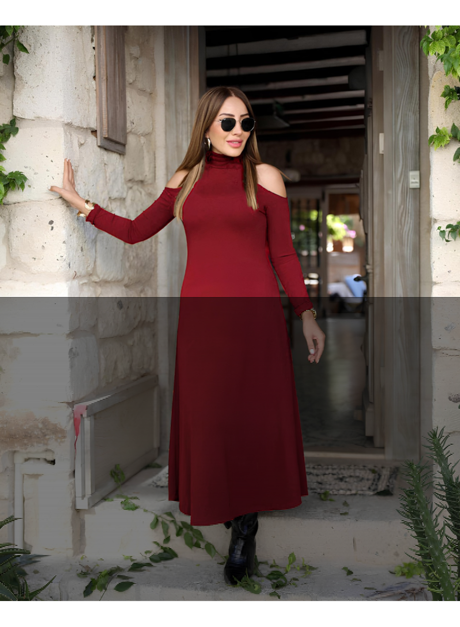 Kadın Balıkçı Yaka Omuzlardan Açık Uzun Kollu Janjan Krep Elbise