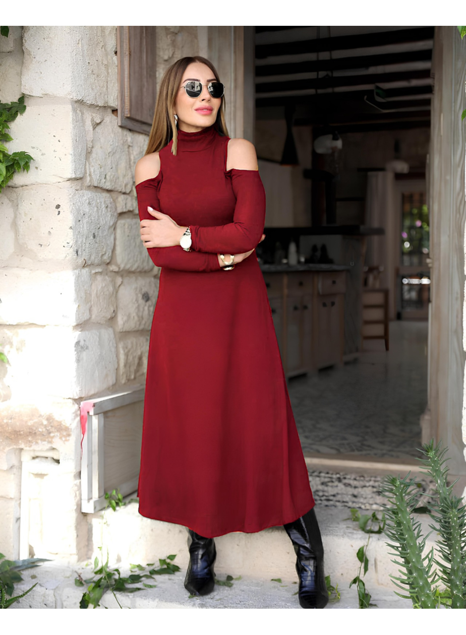 Kadın Balıkçı Yaka Omuzlardan Açık Uzun Kollu Janjan Krep Elbise