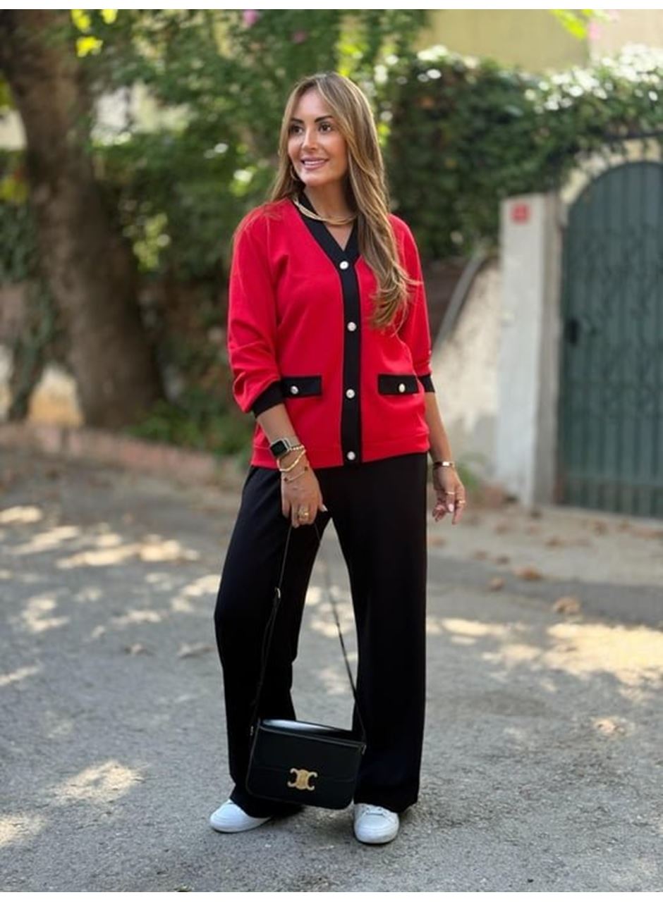 Kadın Uzun Kollu Ribanali Cep Detay Hırka Ve Bol Paça Pantolon Ikili Takım