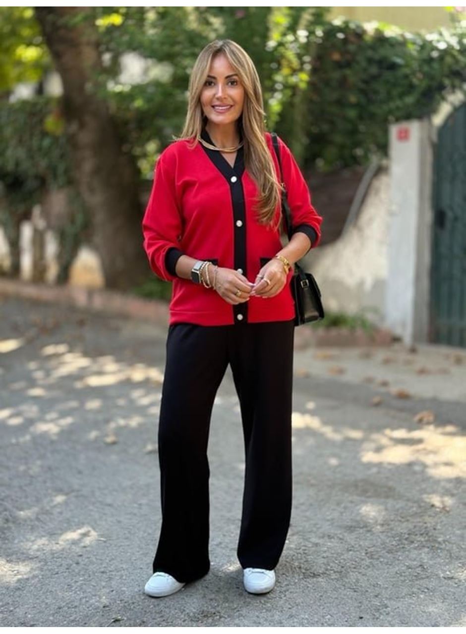 Kadın Uzun Kollu Ribanali Cep Detay Hırka Ve Bol Paça Pantolon Ikili Takım