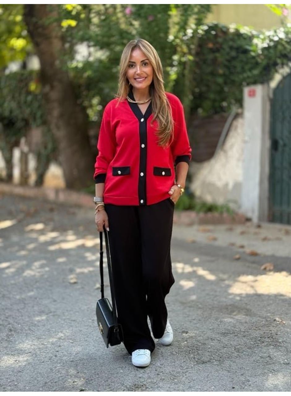 Kadın Uzun Kollu Ribanali Cep Detay Hırka Ve Bol Paça Pantolon Ikili Takım