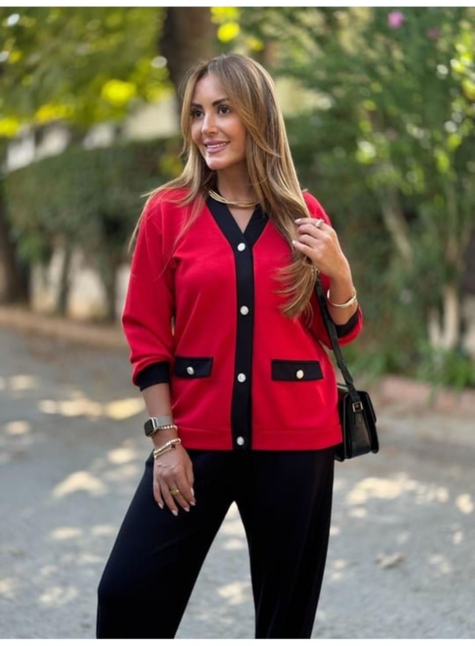 Kadın Uzun Kollu Ribanali Cep Detay Hırka Ve Bol Paça Pantolon Ikili Takım