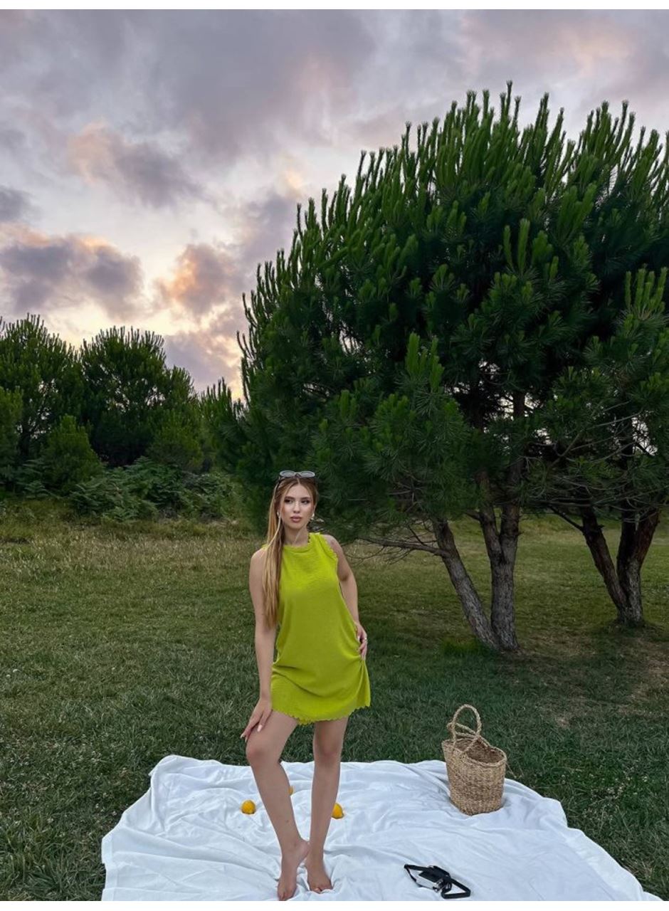 Kadın Keten Kumaş Kolsuz Mini Boy Elbise