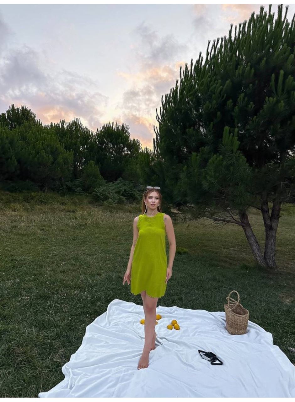 Kadın Keten Kumaş Kolsuz Mini Boy Elbise