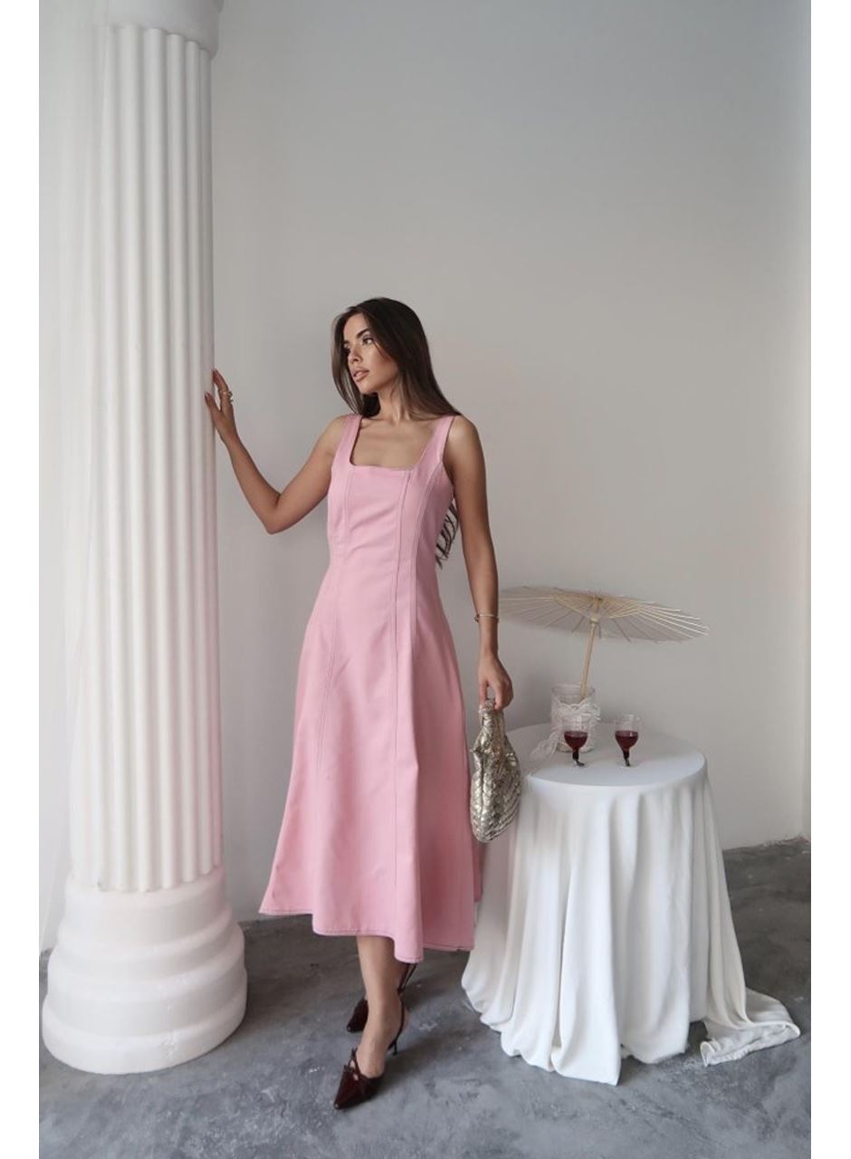 Pembe Çift Dikişli Gabardin Elbise