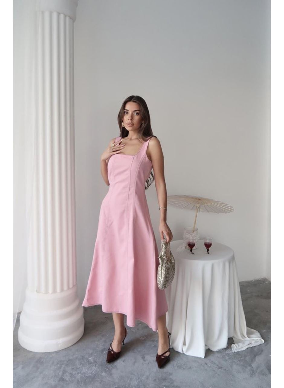 Pembe Çift Dikişli Gabardin Elbise