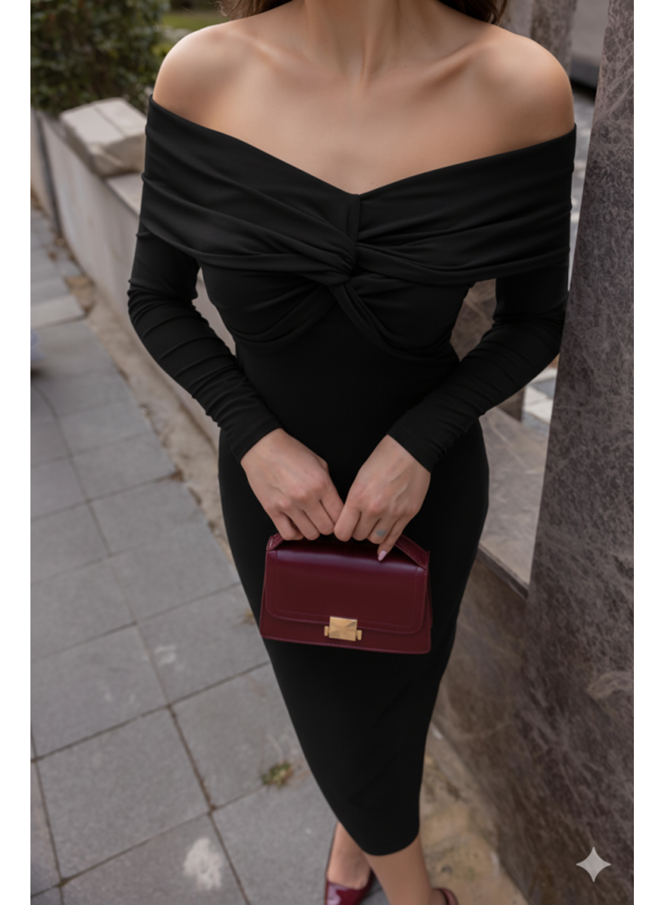 Kadın Uzun Kollu Madonna Yaka Düğüm Büzgü Detay Maxi Boy Elblbise