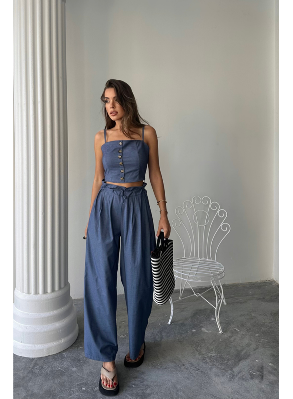 TENCEL CROP ASKILI BLUZ - ŞALVAR PANTOLON TK - İndigo