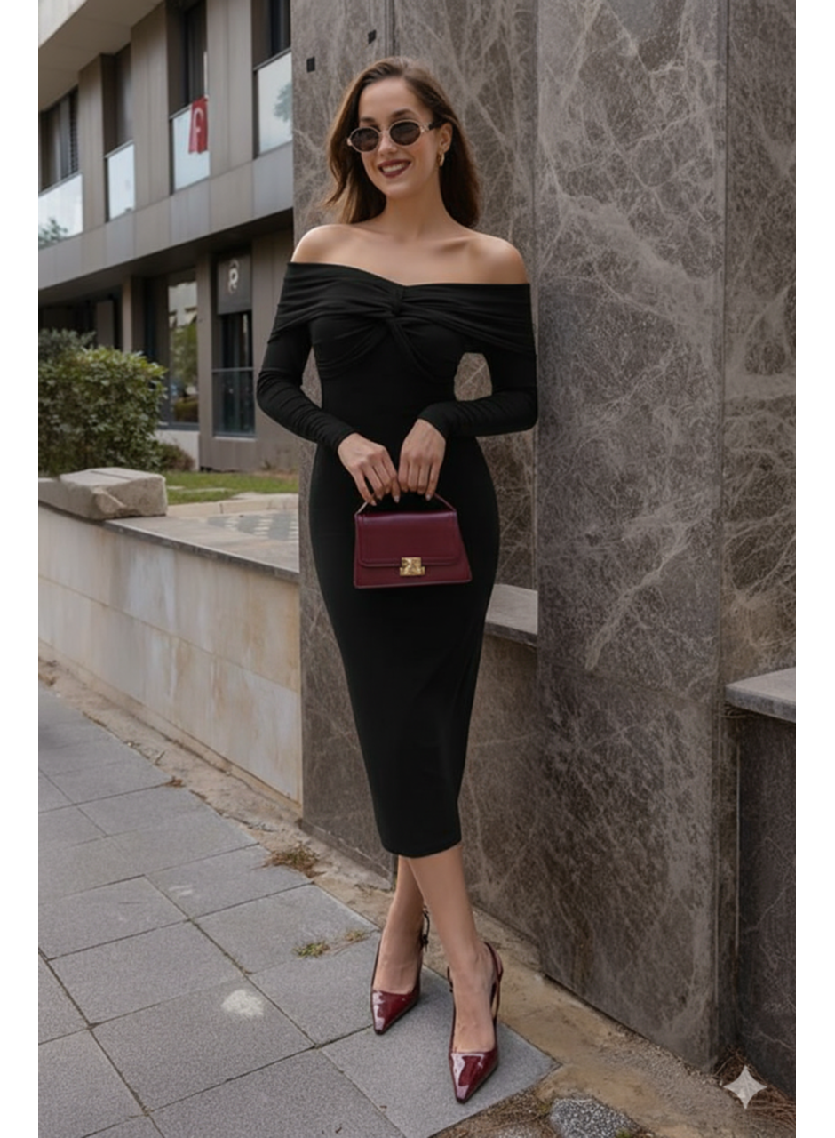 Kadın Uzun Kollu Madonna Yaka Düğüm Büzgü Detay Maxi Boy Elblbise