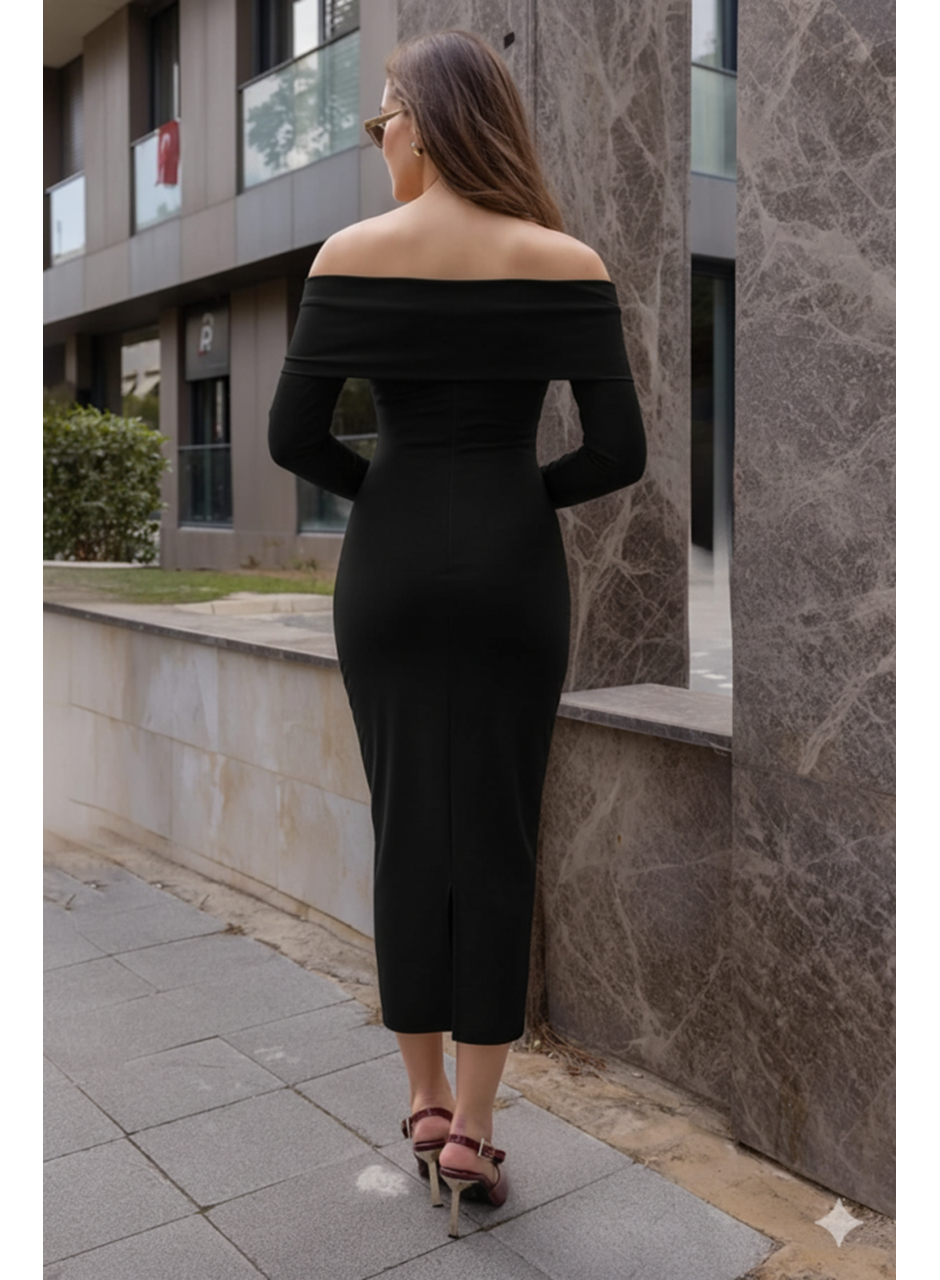 Kadın Uzun Kollu Madonna Yaka Düğüm Büzgü Detay Maxi Boy Elblbise