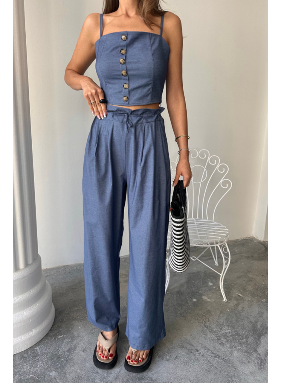 TENCEL CROP ASKILI BLUZ - ŞALVAR PANTOLON TK - İndigo