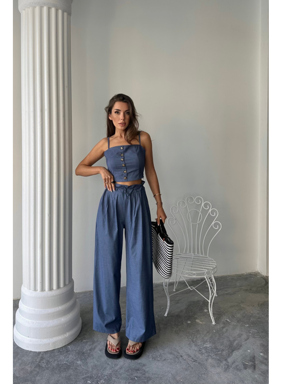 TENCEL CROP ASKILI BLUZ - ŞALVAR PANTOLON TK - İndigo
