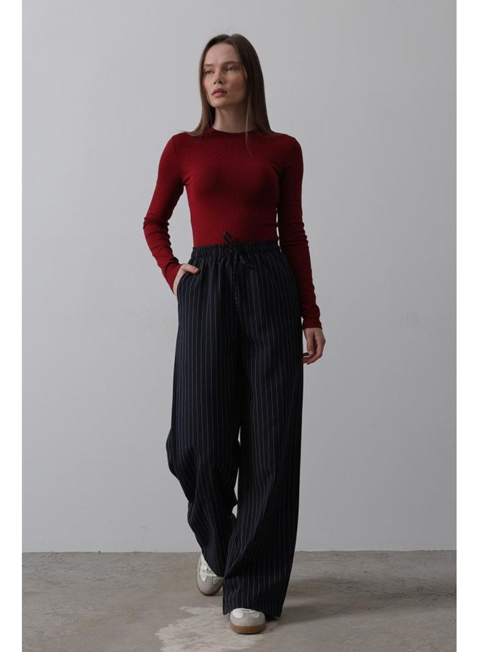 Beli Lastikli Bol Paça Pantolon - Lacivert-Beyaz