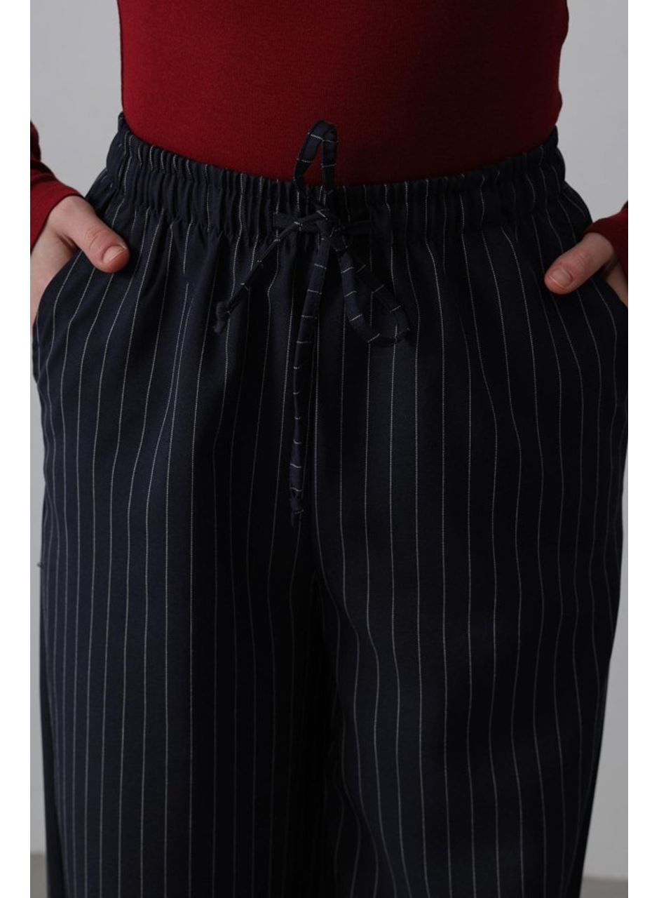 Beli Lastikli Bol Paça Pantolon - Lacivert-Beyaz