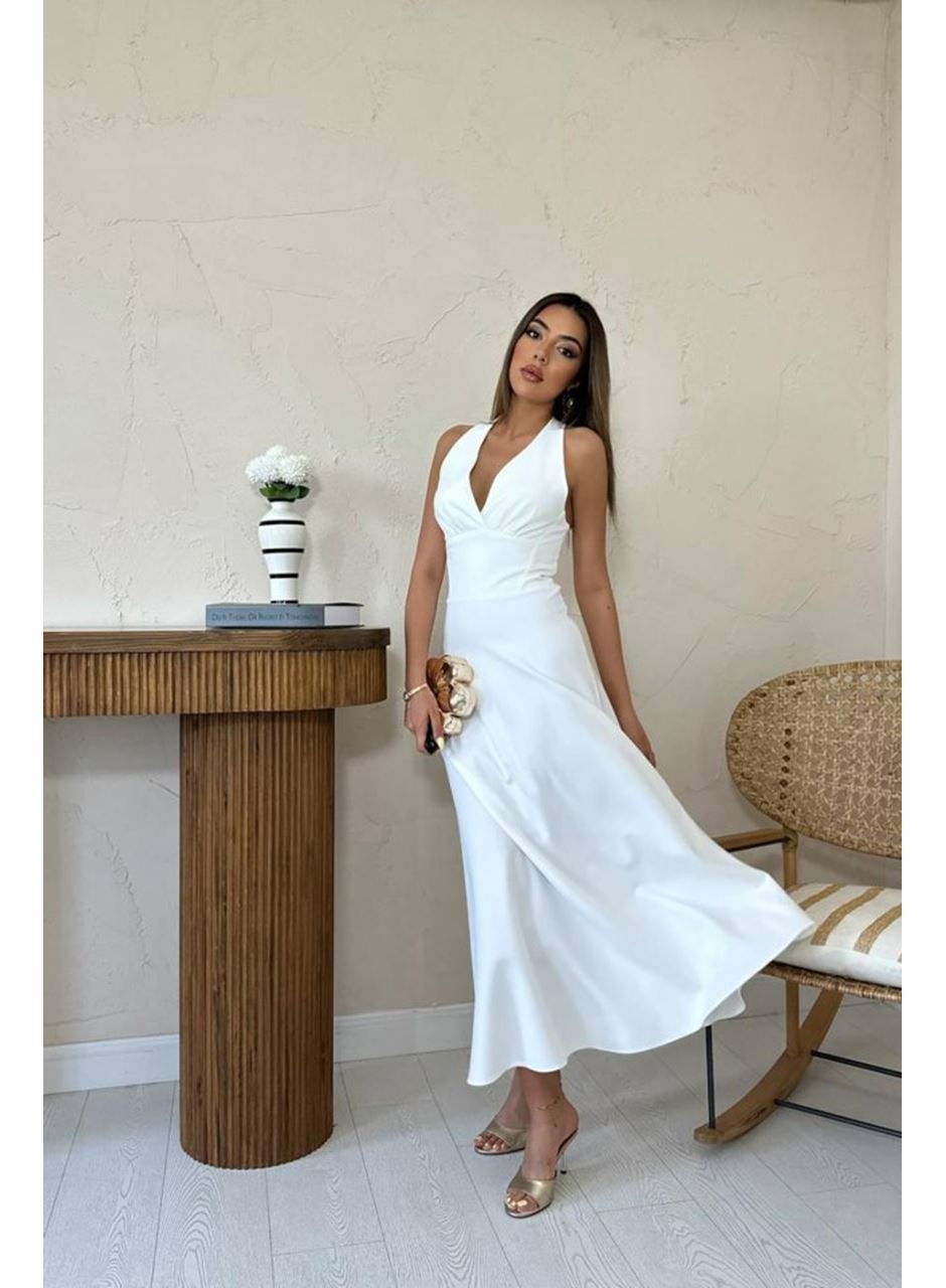 Ekru Atlas Göğüs Kuplu Elbise