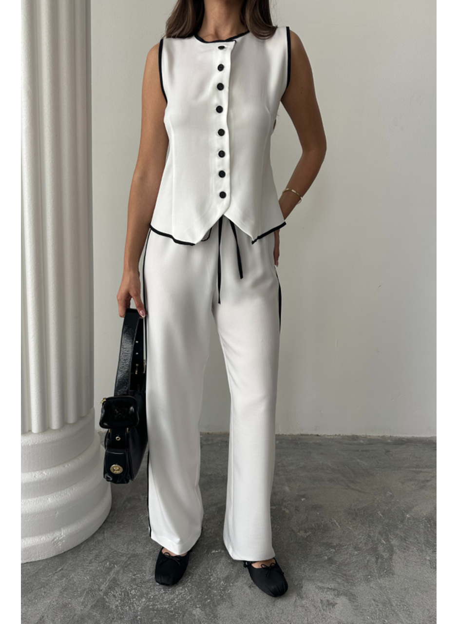 KETEN KENARLARI BİYELİ YELEK - PANTOLON TAKIM - Beyaz