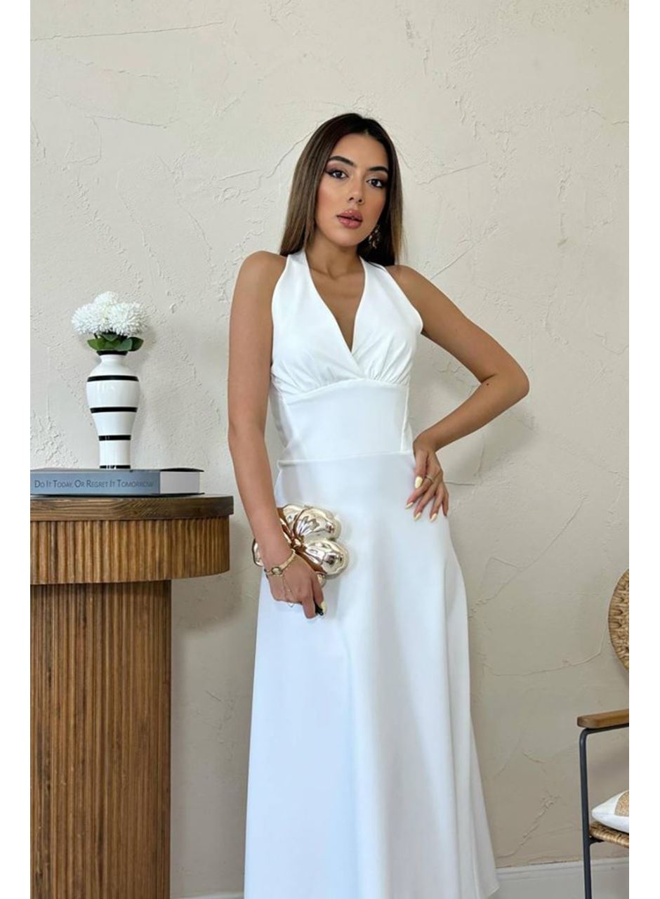 Ekru Atlas Göğüs Kuplu Elbise