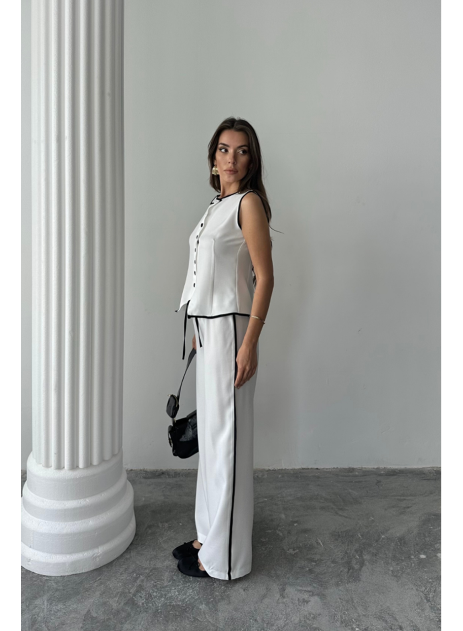 KETEN KENARLARI BİYELİ YELEK - PANTOLON TAKIM - Beyaz