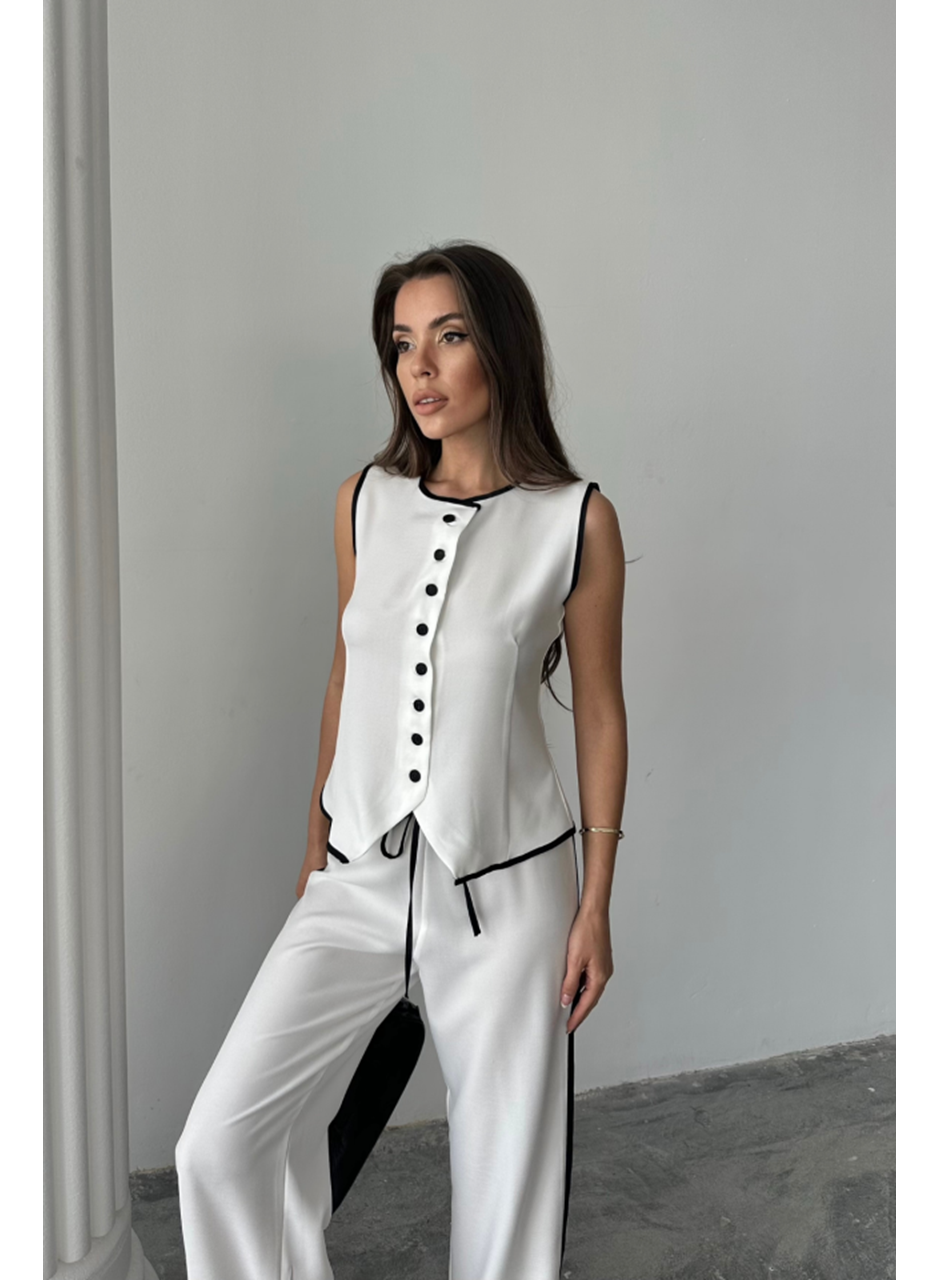KETEN KENARLARI BİYELİ YELEK - PANTOLON TAKIM - Beyaz