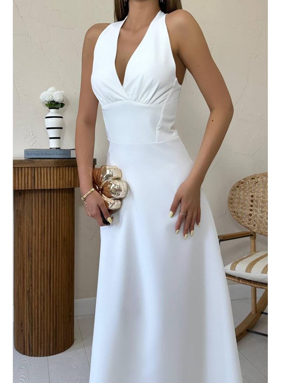 Ekru Atlas Göğüs Kuplu Elbise