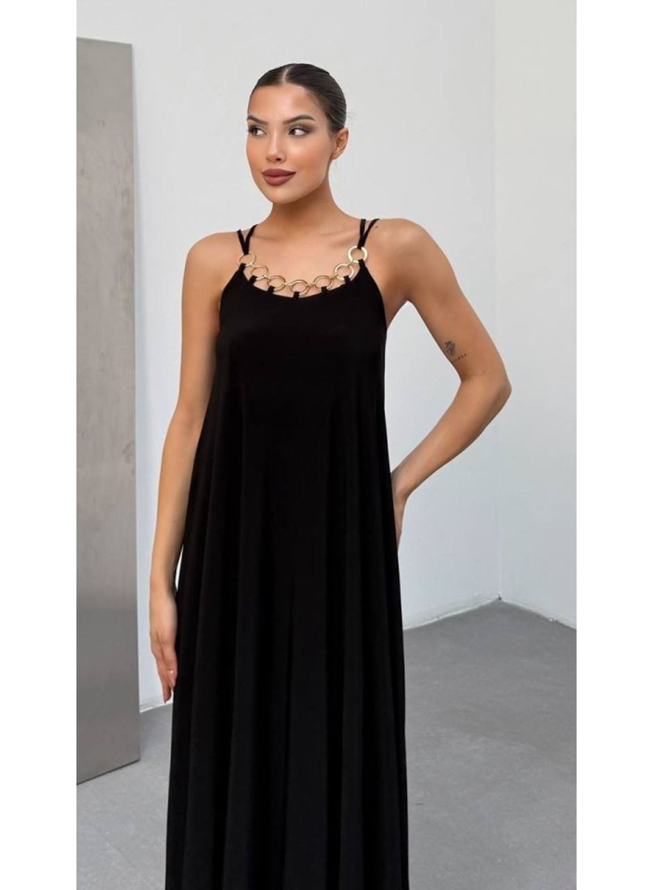 Kadın Omuz Askılı Kuş Gözü Zincir Detay Sandy Kumaş Maxi Boy Elbise